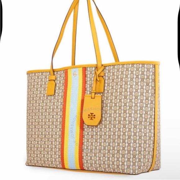 Tory Burch Gemini Link Canvas Tote Purse Bag, Daylily Mustard Yellow - Picture 3 of 11